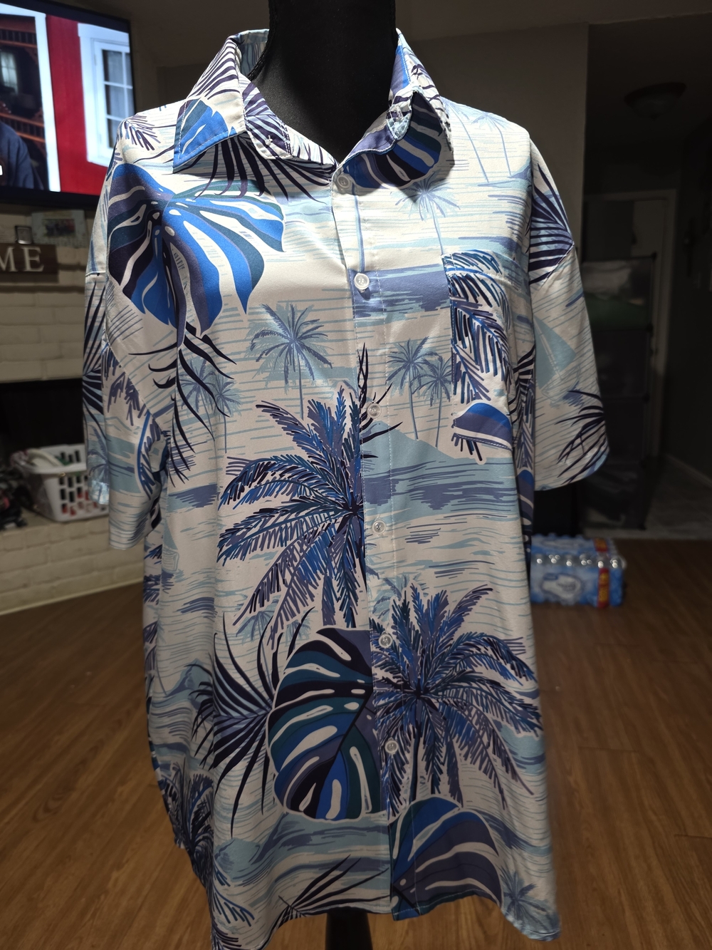 SHEIN Blue & White Tropical Palm Short-Sleeve Button-Up Shirt